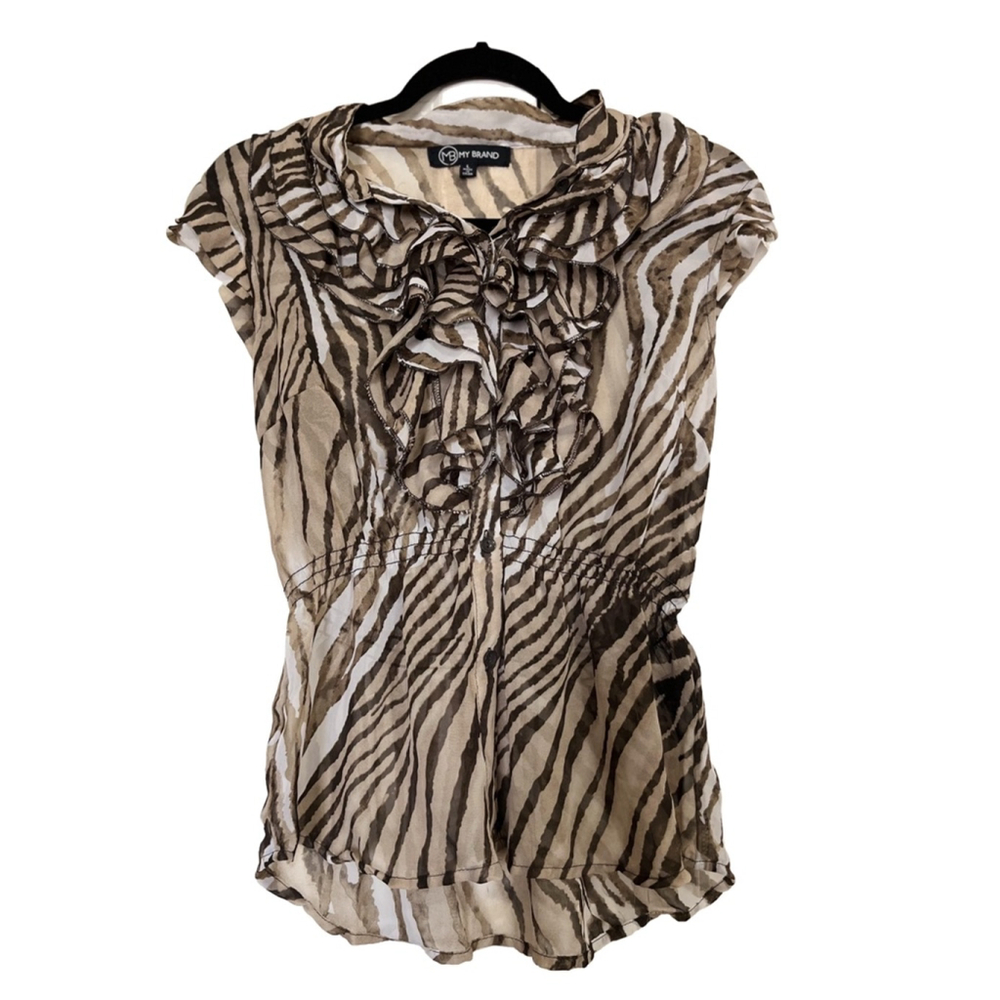 EUC My Brand Zebra Print Blouse Women’s Size L Brown